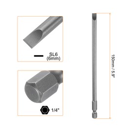 HARFINGTON SL6 Magnetic SLotted Screwdriver Bits 6mm S2 Steel Flat Head Screwdriver Bit 1/4" Hex Shank Industrial Grade Screw Driver Drill Bits 6" Long for Remove Fastening Screws