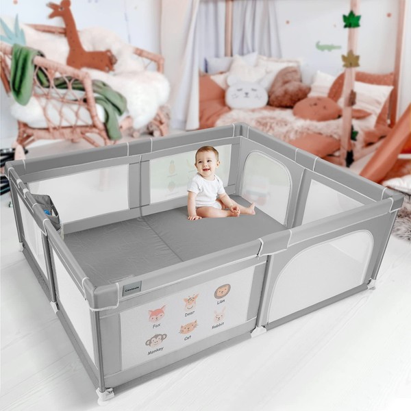 Cowiewie Baby Playpen, 76.77" x 61.02" Large Playard with Hanging