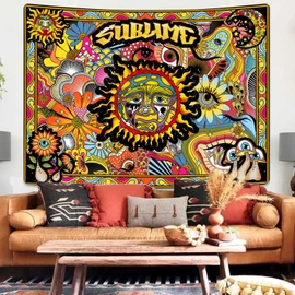 Accnicc Trippy Sublime Tapestry Burning Sun Tapestries Indie Hippie Tapestry Wall Hanging Moon Mushroom Colorful Cool Aesthetic Wall Tapestry for Bedroom Dorm Living Room (Orange, 48'' × 36'')