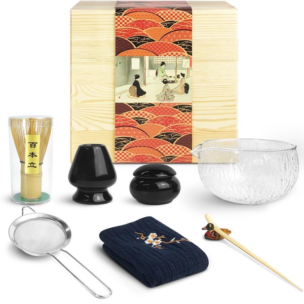Artcome Japanese Matcha Tea Set, Glass Matcha Bowl with Pouring Spout, Matcha Whisk, Ceramic Whisk Holder, Powder Caddy, Wooden Case, Handmade Matcha Ceremony Kit For Japanese Tea Ceremony (Black)
