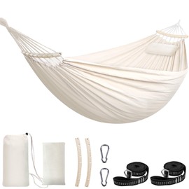 Chihee Cotton Hammock Large Soft Breathable Camping Hammock Holds Up to 660lbs Portable Tree Hammocks with Detachable Spreader Bar Pillow 2 Strong Webbings 2 Carabiners Patio Garden Indoor Outdoor