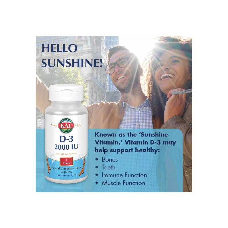 KAL D-3 2000 IU Sugarless Chewable Vitamin Tablets, Cinnamon, 100