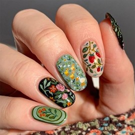 Flower Press on Nails Short Fake Nails Almond Shaped Acrylic Nail Black False Nails with Forest Strawberry Designs Full Cover Glue Reusable Artificial Stick for Women Girls 24PCS