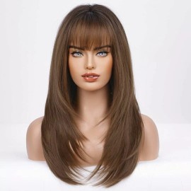 Unbranded Wig - Human Hair Blend - Long Straight Layered Dark Brown Bangs Heat Resistant