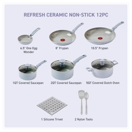 T-fal Refresh Ceramic, Ceramic Non Stick Cookware Set 12 Piece, Oven Broiler Safe 350F, Kitchen Cooking Set w/Egg Pan, Frying Pans, Saucepans, Dutch Oven, Lids, Tools, Pots and Pans Set Nonstick Blue