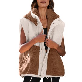 Nirovien Womens Button Down Puffer Vest Stand Collar Sleeveless Padded Jacket Coat Color Block Fleece Vest(Beige Brown,M)