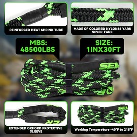 Kinetic Recovery Rope, 1" x 30ft 48500LBS, Kinetic Rope Recovery Kit with 2 Soft Shackles, Heavy Duty Offroad Snatch Strap, 35% High Elasticity Tow Ropes for Trucks SUV UTV, Black & Green Mixed