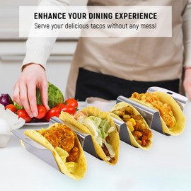 Large Taco Holder for 4 Tacos, U-shaped Stainless Steel Taco Stand, Metal Taco Shell Holder, Taco Rack Tray Holder with Handle (Set of 4)
