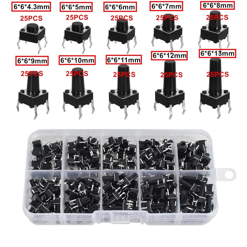 HAXIHA 250 Pieces 10 Values Micro Momentary Tactile Push Button
