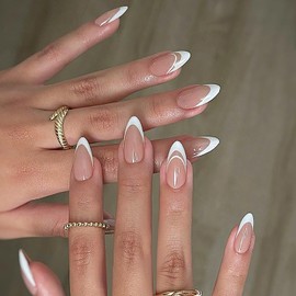 French Tip Press on Nails Short Almond Fake Nails with White Nail Tips Nude Acrylic Artificial ons Nails Ballet False Nails Simple Full Cover Stick on Nails Glue on Nails for Women and Girls