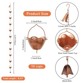 giole 8.2 ft Rain Chain, Lotus Rain Chains for Gutters with 10 Cups, Adjustable Copper Rain Catcher Chains with Bell for Gutters, Eaves, Drainage, Replacement Downspout
