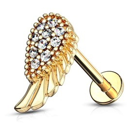 Forbidden Body Jewelry 16g 8mm Internally Threaded Cartilage/Tragus/Labret/Monroe Stud w/CZ Angel Wing Top, 14k Gold Plated