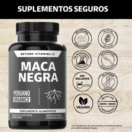 Maca Negra Peruana Orgánica 1000 Mg - Capsulas Maca Negra - Suplemento Alimenticio Testo Vegano - Vitaminas Hombres / Mujer - Testosterona 60 Cápsulas Beyond Vitamins