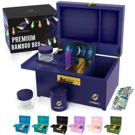 HOVANZO Upgraded Premium Large Bamboo Box - Locking Wood Kit with Combination Lock - Wood Lock Box with lid - Wooden Locking Storage with Removable Tray and Jars (Blue)
