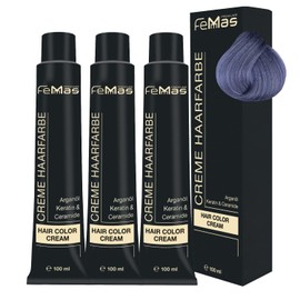 FemMas Hair Colour, Professional Cream Hair Colour with Argan Oil, Keratin & Ceramides, as Permanent Hair Colouring or Tint for Radiant, Durable Colour Results, 3x Metallic Blue, 100 ml
