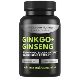 EXVital Ginkgo + Ginseng, 365 Tablets, 50:1 Plant Extracts, High Dose - Ginkgo Biloba & Korean Ginseng - Laboratory Tested - Vegan