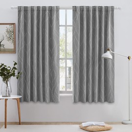 HOMEIDEAS Light Grey Blackout Curtains 52 X 63 Inch Length 2 Panels Silver Wave Line with Dots Printed Back Tab Room Darkening Gray Curtains, Pocket Thermal Light Blocking Window Curtains for Bedroom