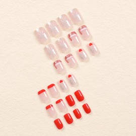 24Pcs Christmas Press on Nails Short Square Fake Nails Red Christmas Santa Hat French Acrylic Nails Press on Glossy Medium Glue on Nails with Elk Bow Designs Winter Artificial Nails for Women Girls