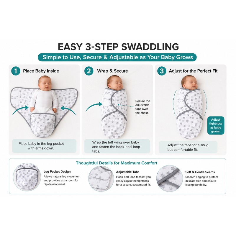 Soft Cotton Baby Swaddles for Newborns 0-3 Months, Adjustable Grey