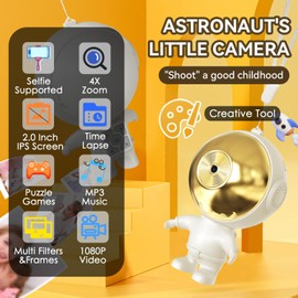 Darvii Kids Camera for Boys and Girls，Digital Camera for Kids Toy Gift, Astronaut Camera with Video Games, Christmas Birthday Toy Gifts for Kids Toddler Age 4 5 6 7 8 9 10 with 64GB SD Carde（Gold）