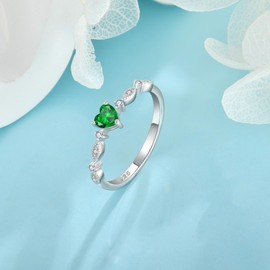 Veshon 925 Sterling Silver Heart Emerald Ring, Cubic Zirconia Stackable Birthstone Engagement Promise Bands Rings Valentine's Day Jewelry for Women Wife, Size 7
