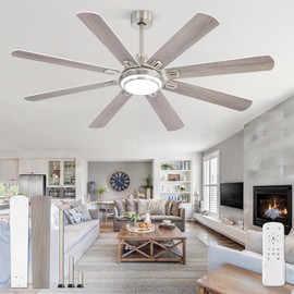 Fanbulous 65 Inch Ceiling Fans with Lights and Remote, Brushed Nickel Ceiling Fan with 8 Dual-Color Blades, Indoor/Outdoor Large Ceiling Fans, Reversible DC Motor, 6-Speed, 3CCT for Living Porch Patio