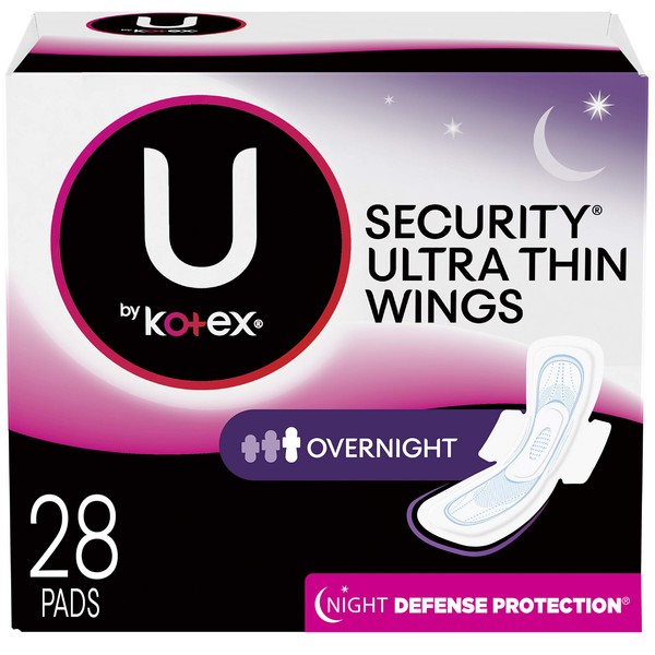 U by Kotex Security Ultra Thin Overnight Pads with Wings, Regular, Fragrance-Free, 28 Count