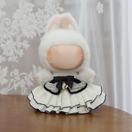 Handmade Doll Clothing Set, White Ruffled Dress with Black Bow, Straw Hat, 3 Pieces, Fits 6.7 inch Dolls