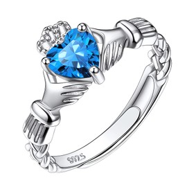 925 Sterling Silver Irish Claddagh Heart Promise Ring, Created Blue Topaz December Birthstone Delicate Thin Adjustable Engagement Wedding Ring for Her Women Ladies