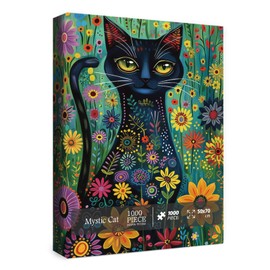 Cat Flower Puzzle for Adults 1000 Pieces, Colorful Floral Jigsaw Puzzle, Mystic Black Cat Sunflower Kitten Puzzle