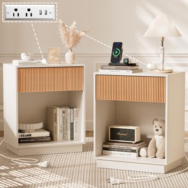 Fluted Nightstands Set of 2, Night Stand with Charging Station, Modern Bed Side Table with Drawer and Storage Shelf, Wood Mid Century End Table for Bedroom Living Room (White&Oak)