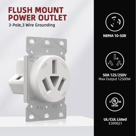 AIDA 10-50R Outlet 50 Amp 3 Pole, 3 Wire 125/250 Volts Non-grounding Heavy Duty Flush Mount Power Outlet Receptacle for EV Charger, Dryer, Welder, Air Compressor, RV, Generator, UL Listed, 030636