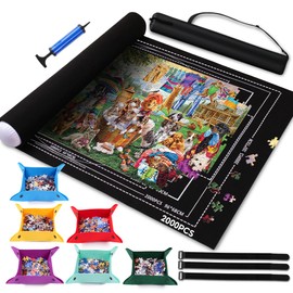 Jigsaw Puzzle Mat Roll Up 2000 1500 1000 Pieces Portable Puzzle Board/Table Saver Mats, Smooth Top & Non-Slip Felt Bottom with 6 Sorting Trays, Storage Bag, Inflatable Roller for Adults Kids Gift