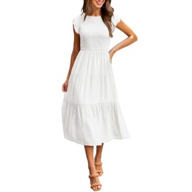 MEROKEETY Women's Flutter Short Sleeve Smocked Midi Dress Summer Casual Tiered A-Line Dress,White,L