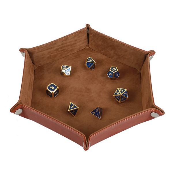 STYLIFING Dice Tray Metal Dice Rolling Tray Holder Storage Box for RPG DND Table Games, Double Sided Folding Thick PU Leather and High-Class Velvet Camel