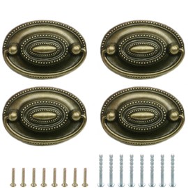 ZAAWUUT 4 Pcs Antique Brass Drawer Pull Handles Furniture Dresser Oval Hanging Swing Handles for Bar Cabinet Knob