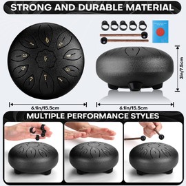 Facmogu Steel Tongue Drum, 6 Inch 11 Notes Rain Drum for Outside, Handpan Drums with Bag, Sticks, Finger Picks, Percussion Instrument for Meditation Yoga Musical Education Concert Mind Healing - Black