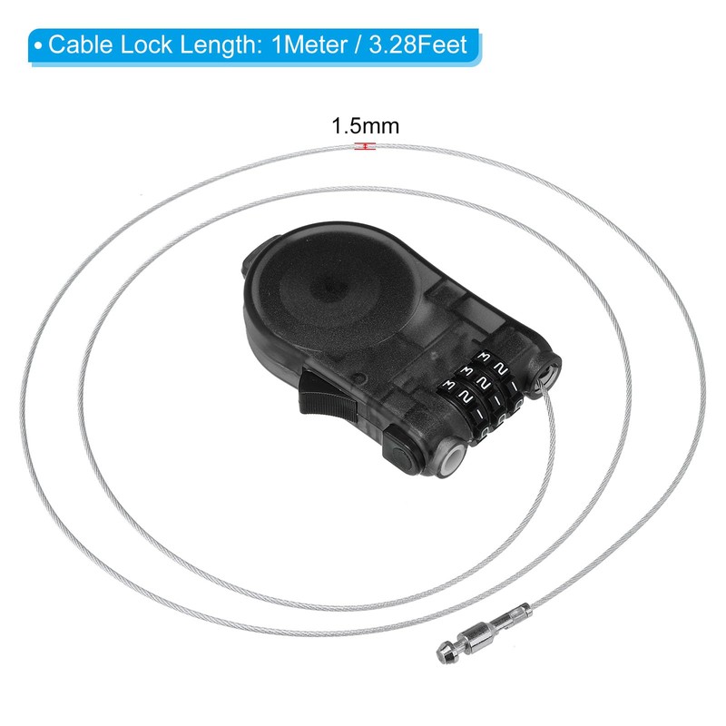 PATIKIL 3.28 Feet Retractable Cable Lock, 3 Digit Steel Cable