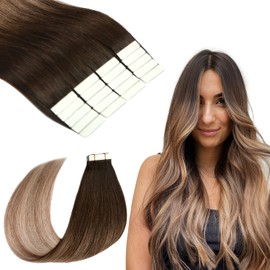 SURNEL Tape in Hair Extensions Human Hair 14 inch 20pcs 50g Soft Tape in Hair Extensions Balayage Ombre Color 2 Dark Brown Fading to 6 and 18 Ash Blonde Tape Hair Extensions(#2/6/18-14)