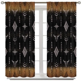 SHElifestyle Western Window Curtains, Tribal Bull Skull Horns Ethnic Native Aztec Cow Print Boho Aesthetic Abstract Window Treatments Drapes for Farmhouse Kitchen Living Room Bedroom W42xL45in(Decor)