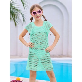 Haloumoning Girls Crochet Swim Cover Up Kids Ruffle Sleeve Hollow Out Summer Beach Dress 5-14 Years