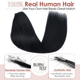 Benehair One Piece Clip in Hair Extensions Real Human Hair 3/4 Full Head V Shaped Weft Thicker Hair Lace Net One Piece Hair Extensions with 5 Clips (14"-55g #1 Dark Black)