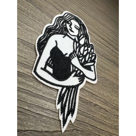 Unbranded FLORAL WOMAN WITH FLOWERS BLACK AND WHITE TATTOO ART STYLE IRON ON PATCH