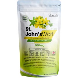 St John's Wort 500mg - 120 Tablets | 4 Month Supply | High Strength | Vegan | Lab Tested | Allergen Free | Made in The UK - Vitaherbs