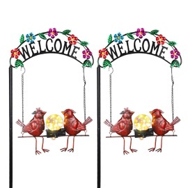 JJALIGHTS 2 Pack Outdoor Solar Lights,Red Cardinal Swing Garden Decor,Red Cardinal Decorative Stake with Welcome Sign for Landscape Patio Yard Porch