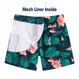 SURF CUZ Men's Swim Trunks Quick Dry Board Shorts with Mesh Lining 7 Inch Inseam Bathing Suits(Navy - Tropical,2XL)