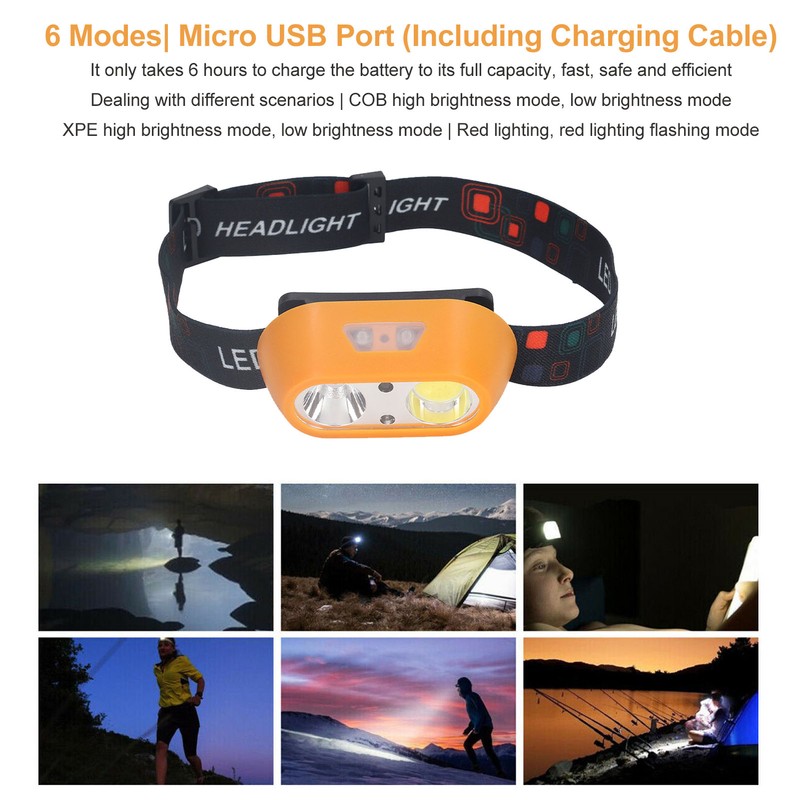 LED Headlamp USB Rechargeable 300lm High Bright COB XPE 6