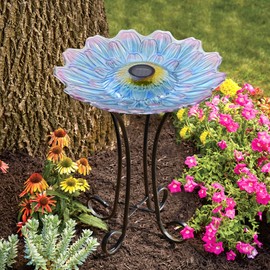Hi Line Gift Ltd. Solar LED Floral Glass Bird Bath with Stand - Purple & Purple Dahlia