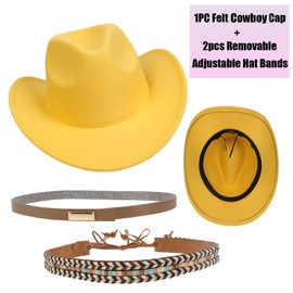 NiceYnn Classic Western Cowboy Hat Felt Wide Brim Cowgirl Hats Women, Adjustable Replaceable Hat Band Panama Hat for Adults Kids Yellow