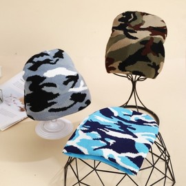 Autumn Winter Camouflage Jacquard Knit Baby Beanie Hat - Pullover Wool (One Size) Size + Navy Camouflage 3ea